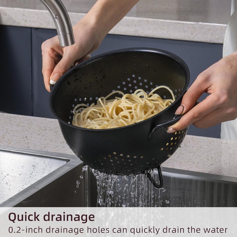 BeFare Metal Colander 5 Quart Powder Coated Self-draining Metal Strainer with Base,Kitchen Pasta Fruit Vegetable Basket with Double Handles (Light Black) - Image 3